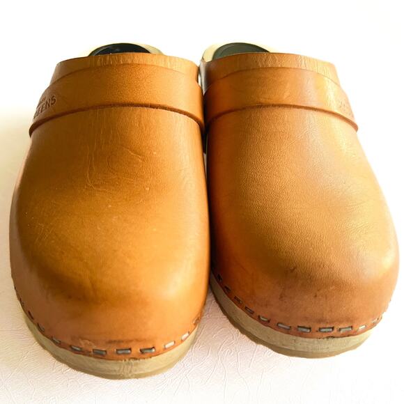 Swedish Hasbeens Tan Leather Closed Toe Slip On Wooden Husband Mule Clogs Sz 36 - Picture 4 of 11